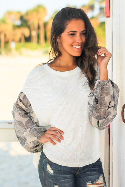 White Knit Top with Printed Sleeves