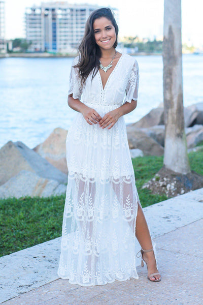 White Lace Embroidered Maxi Dress
