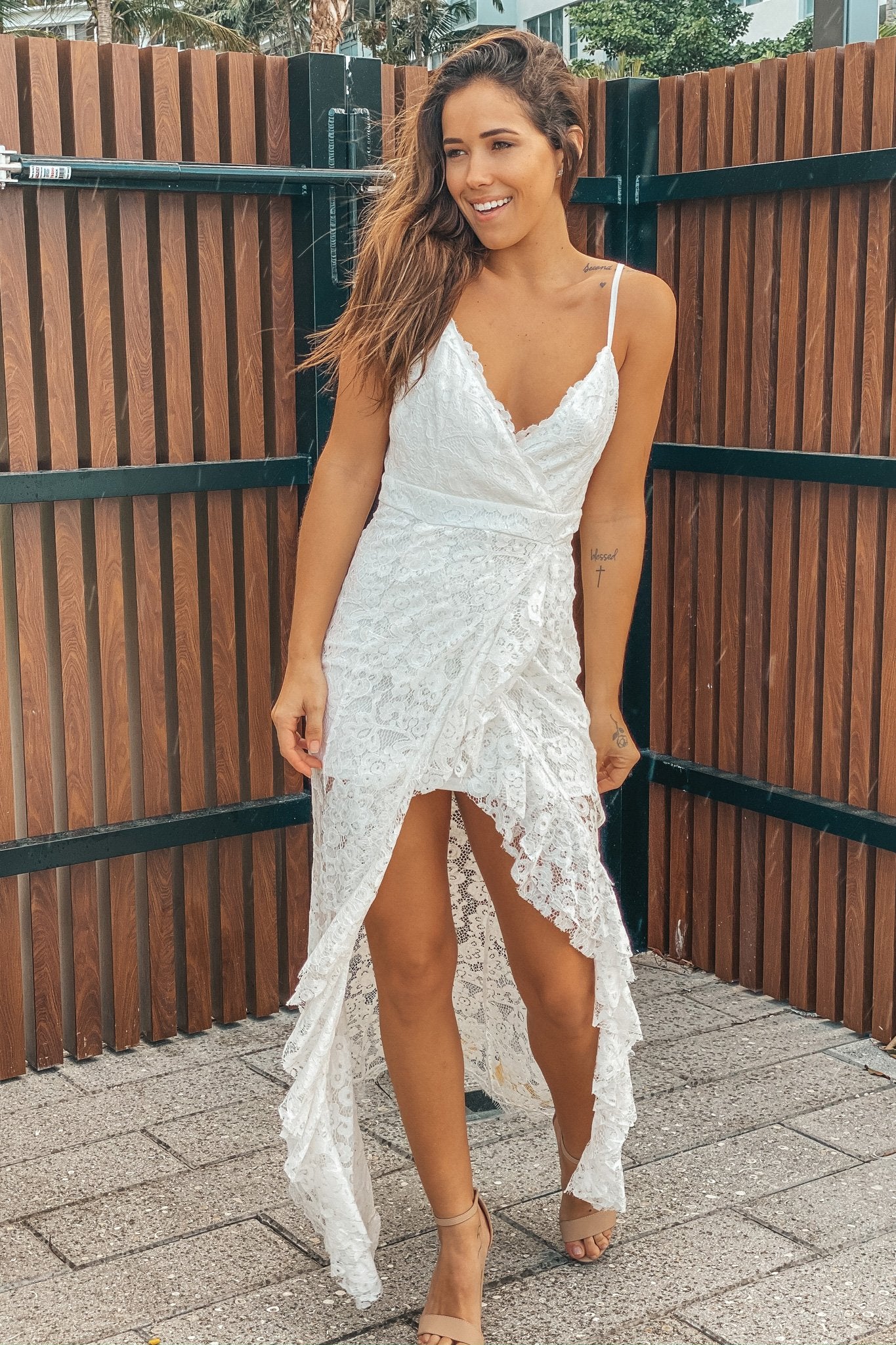 White Lace Maxi Dress with Ruffle Detail