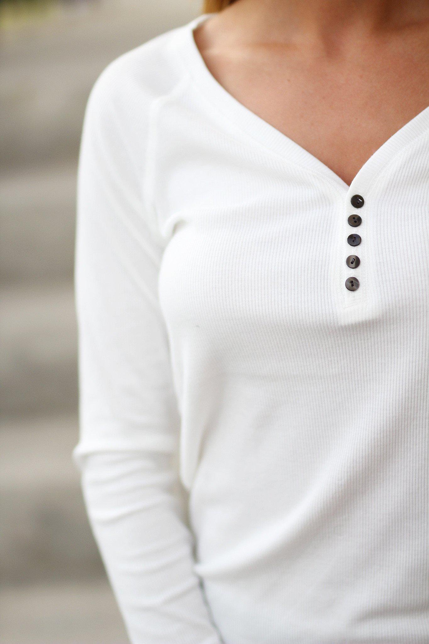 White Ribbed Long Sleeve Top with Buttons