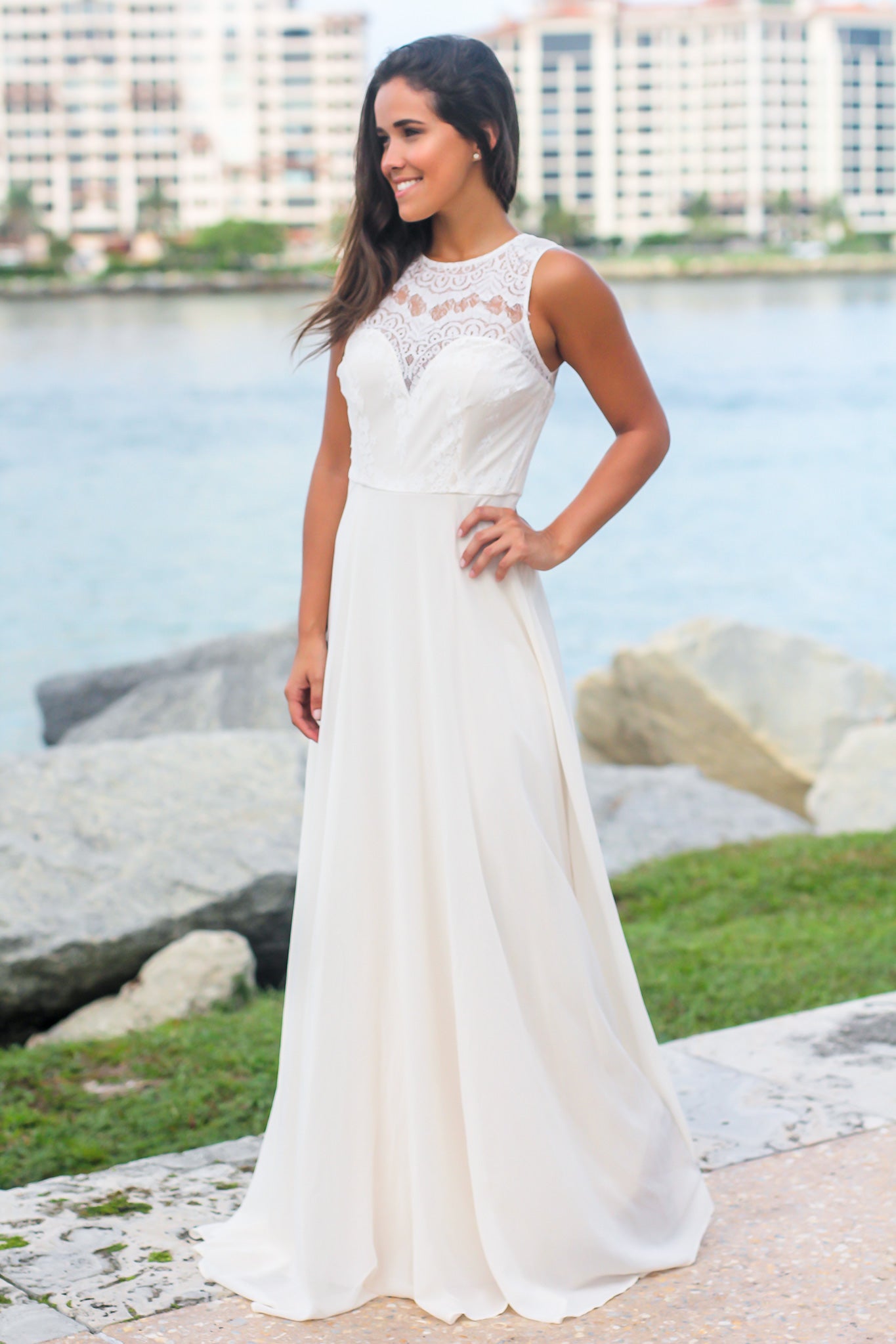 White Maxi Dress with Lace Top and Mesh Back