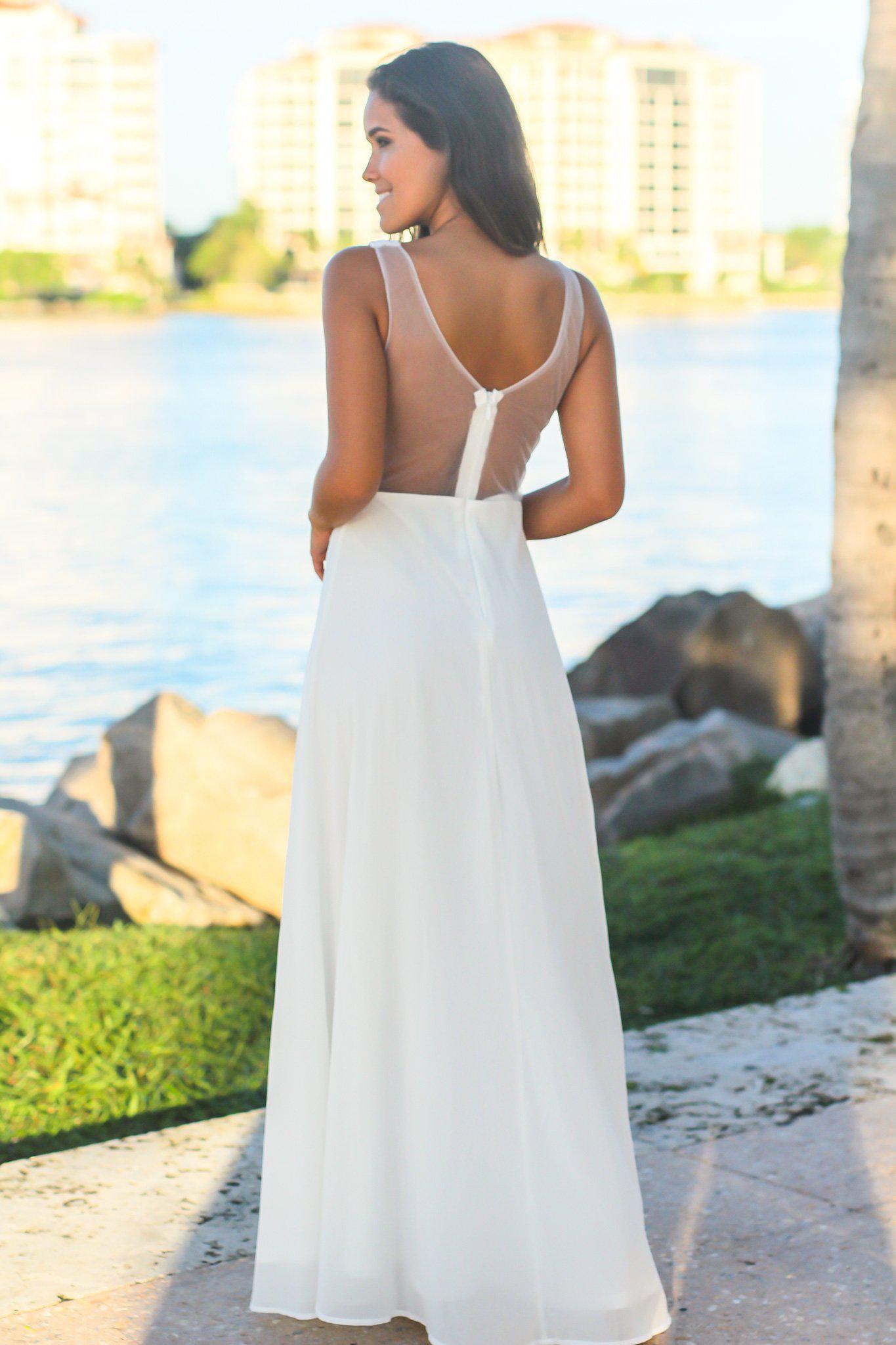 White Maxi Dress with Mesh and Embroidered Detail