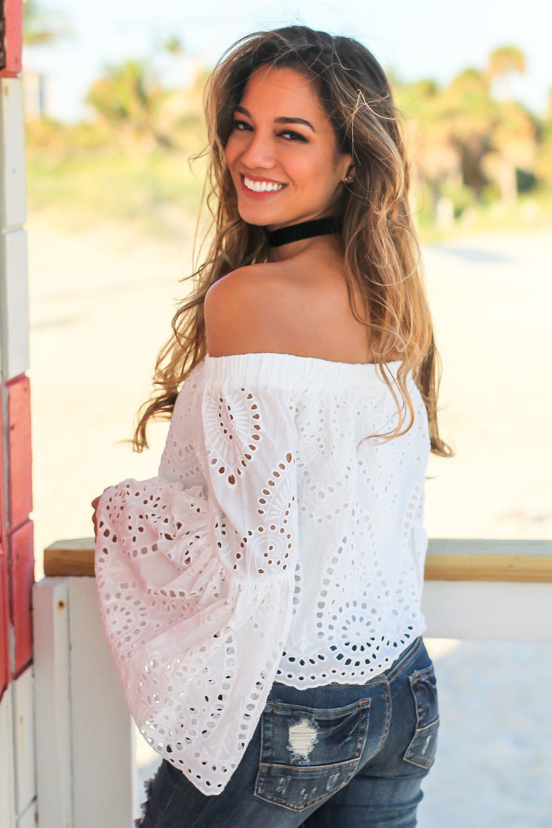 White off the shoulder bell sleeve top top