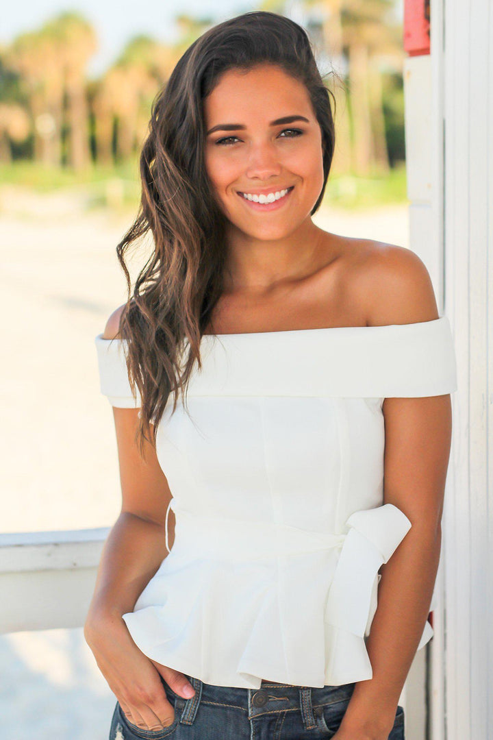 White off the shoulder peplum top hotsell