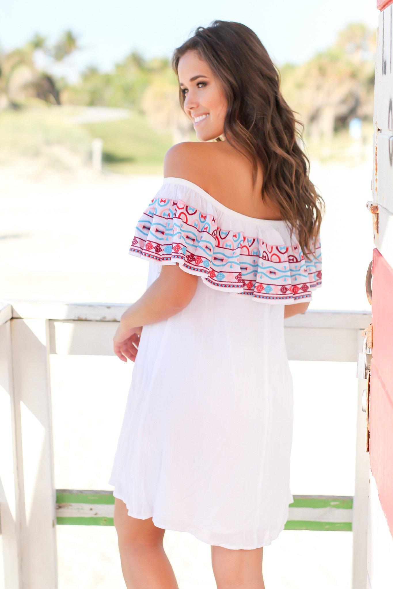 White Off Shoulder Short Dress with Embroidered Top
