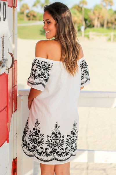 White Off Shoulder Short Dress with Embroidery
