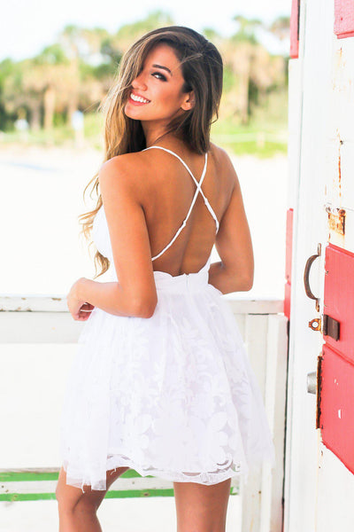 White Printed Short Dress with Criss Cross Back