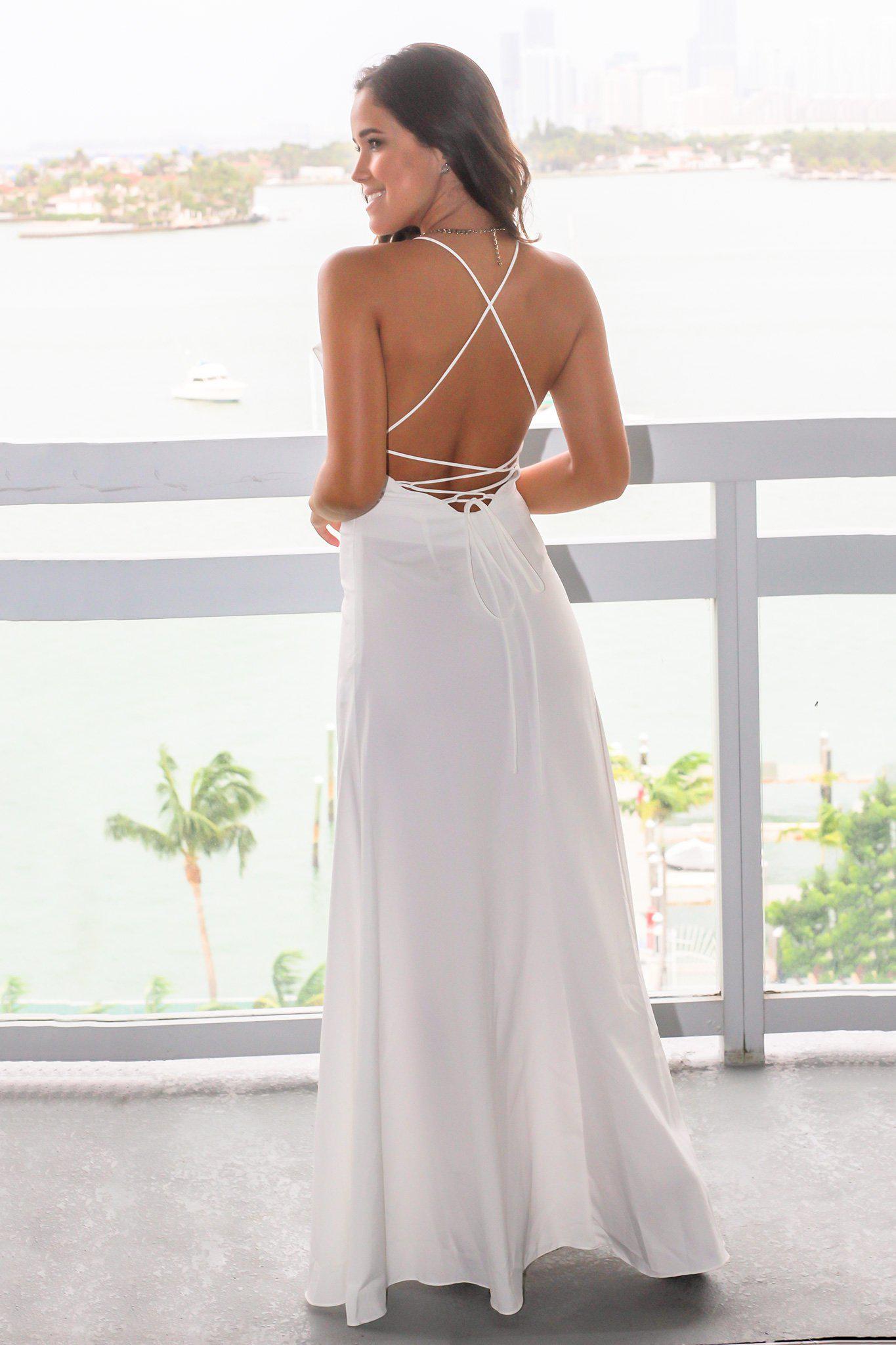 White Ruffled Maxi Dress with Lace Up Back