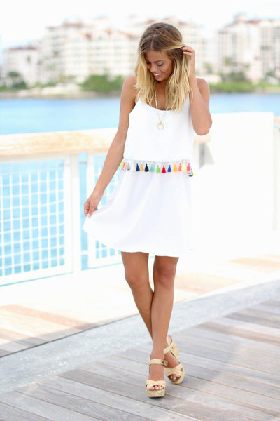 White Short Dress with Tassels