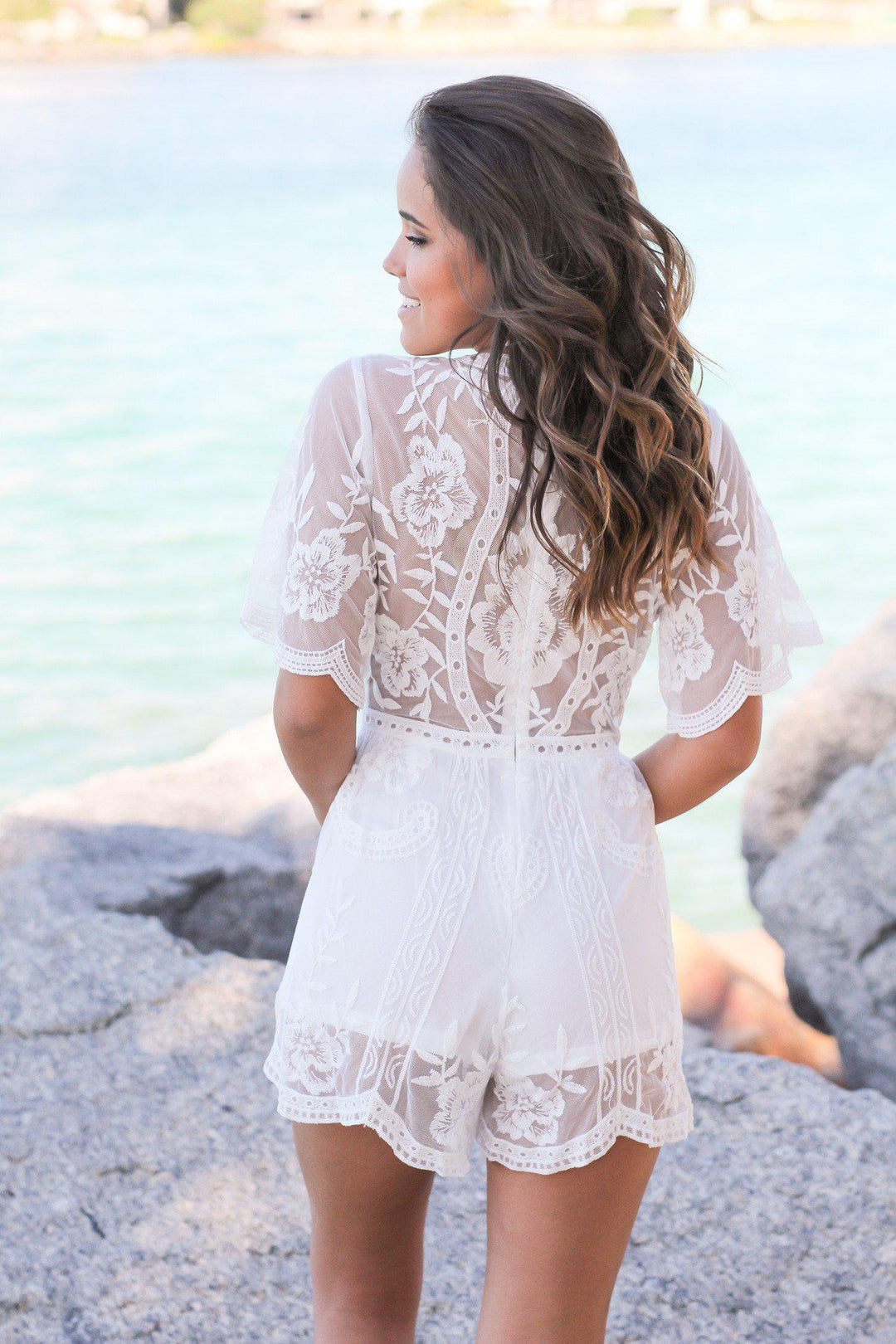 All white lace romper online