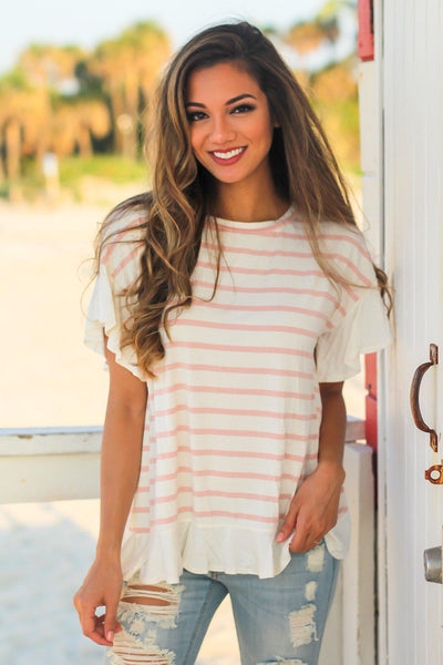 White Striped Top with Ruffled Bottom