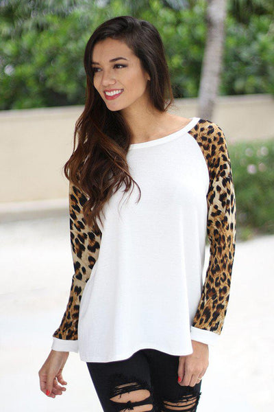 White Top with Animal Print Sleeves
