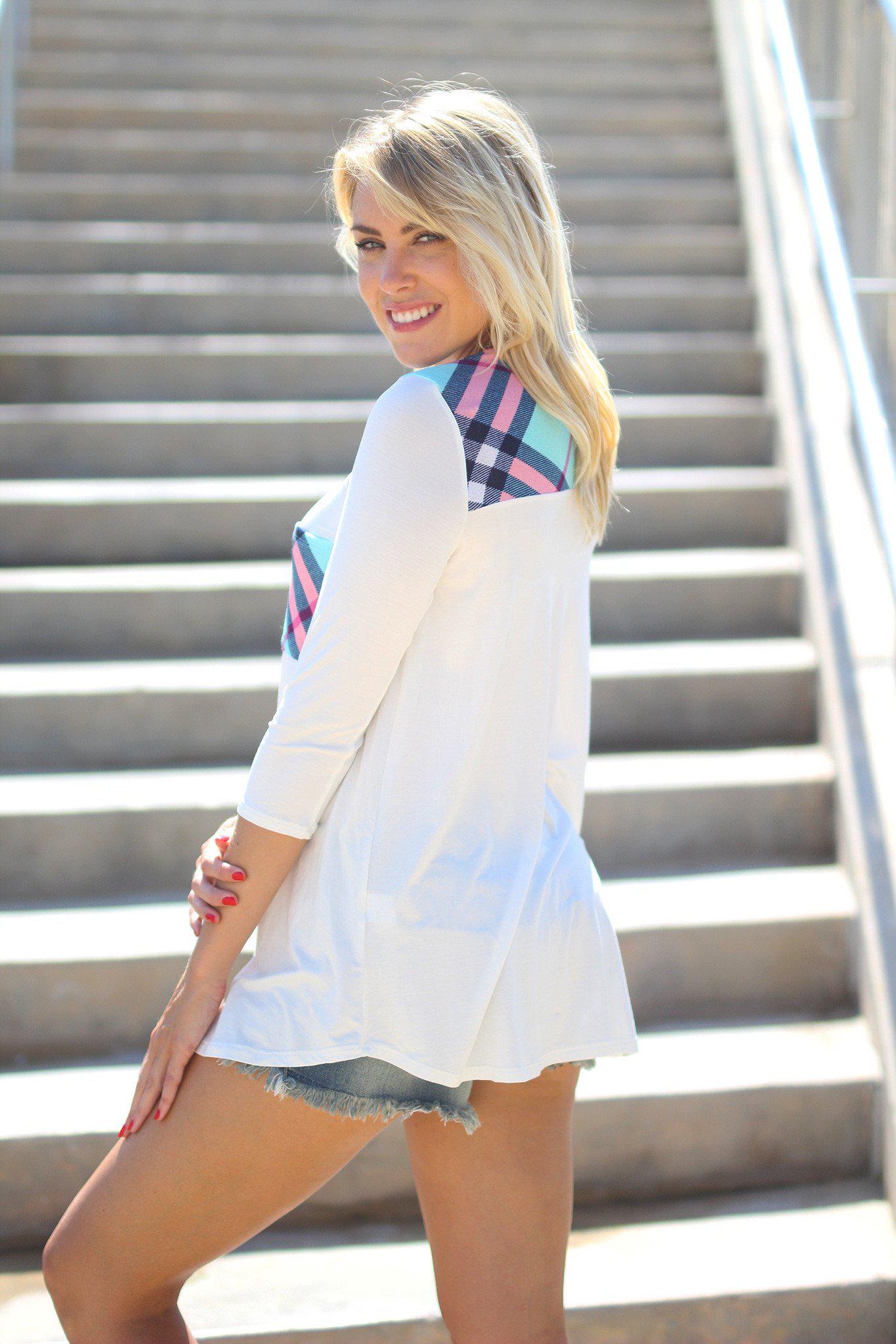 White and Plaid Top with Pocket