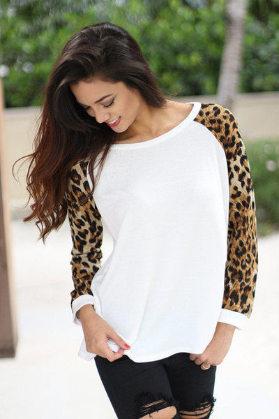 White Top with Animal Print Sleeves