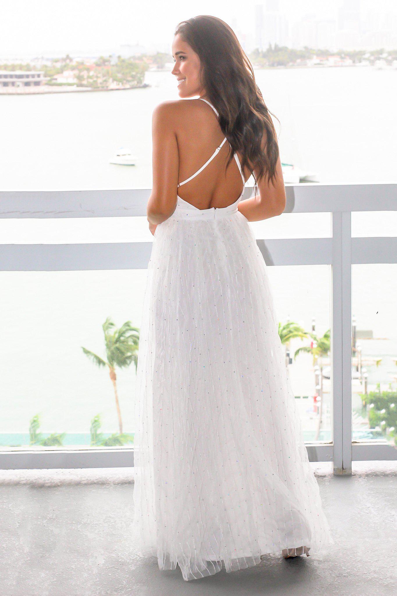 White Tulle Maxi Dress with Criss Cross Back