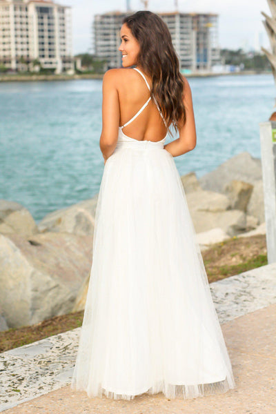 White Tulle Maxi Dress with Criss Cross Back and Gold Detail