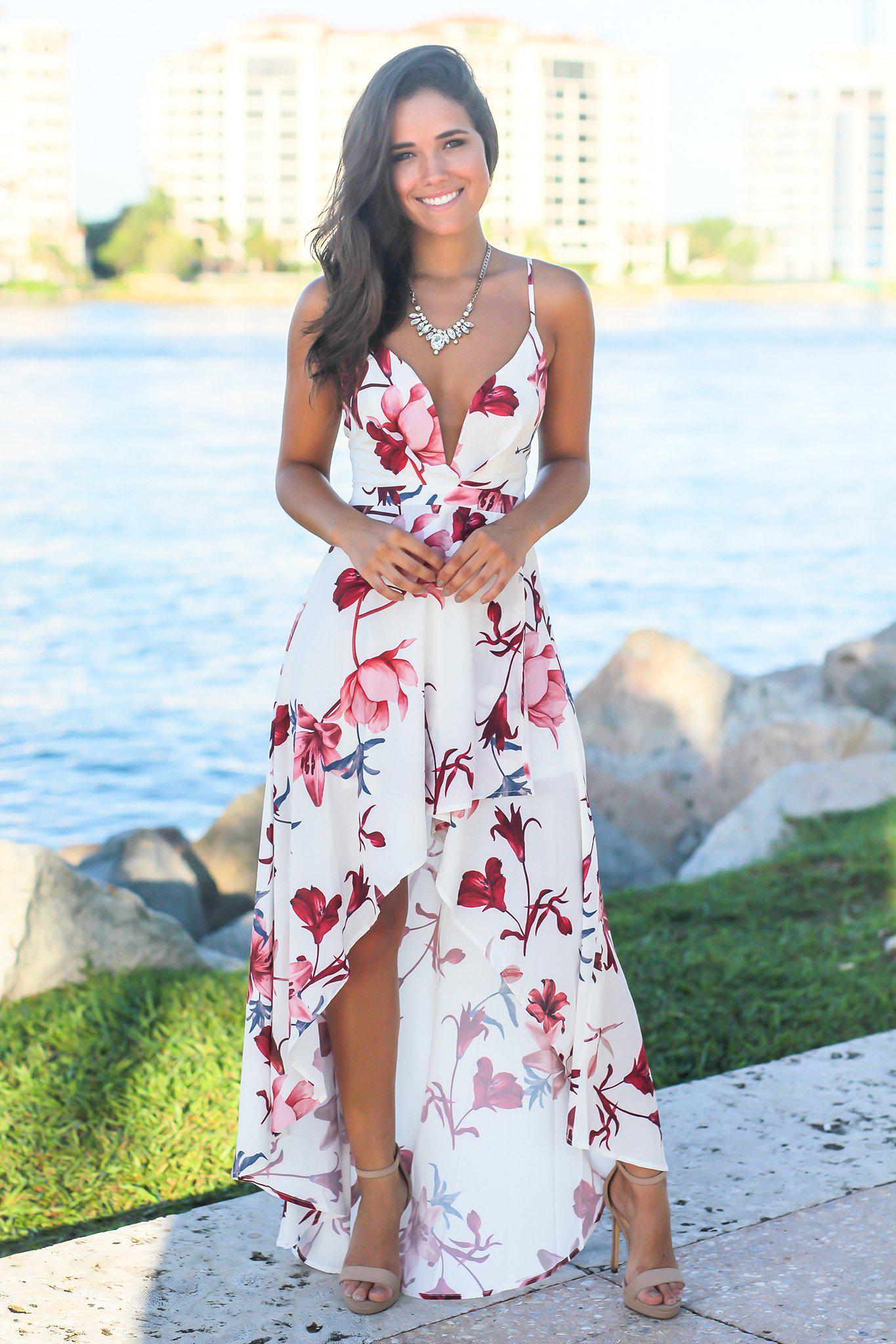 White V-Neck Floral High Low Dress