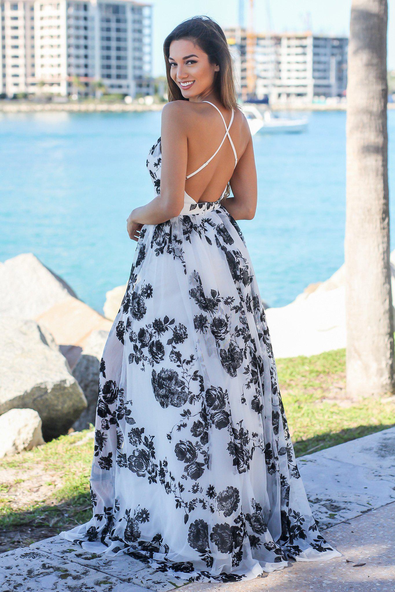 White and Black Floral Maxi Dress with Criss Cross Back