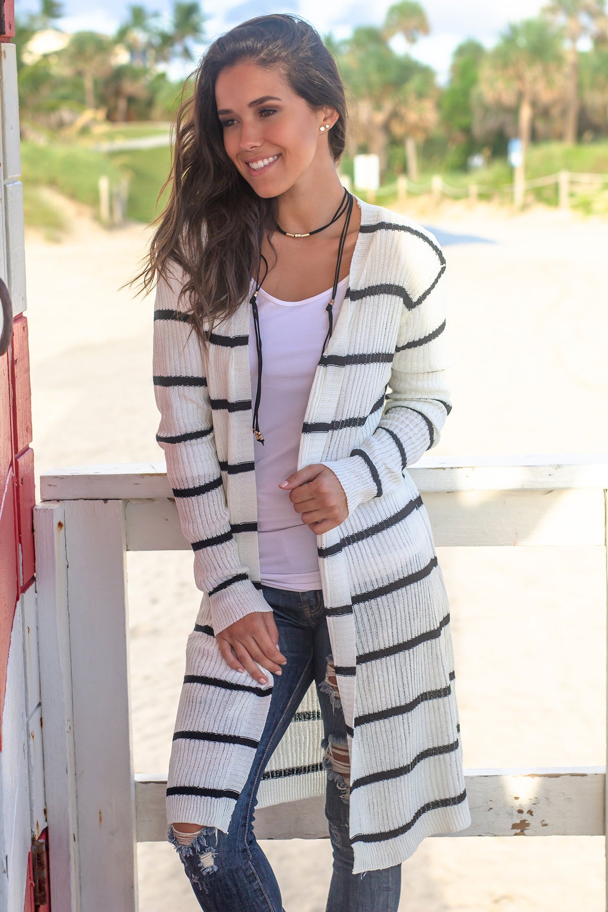 White and Black Striped Cardigan