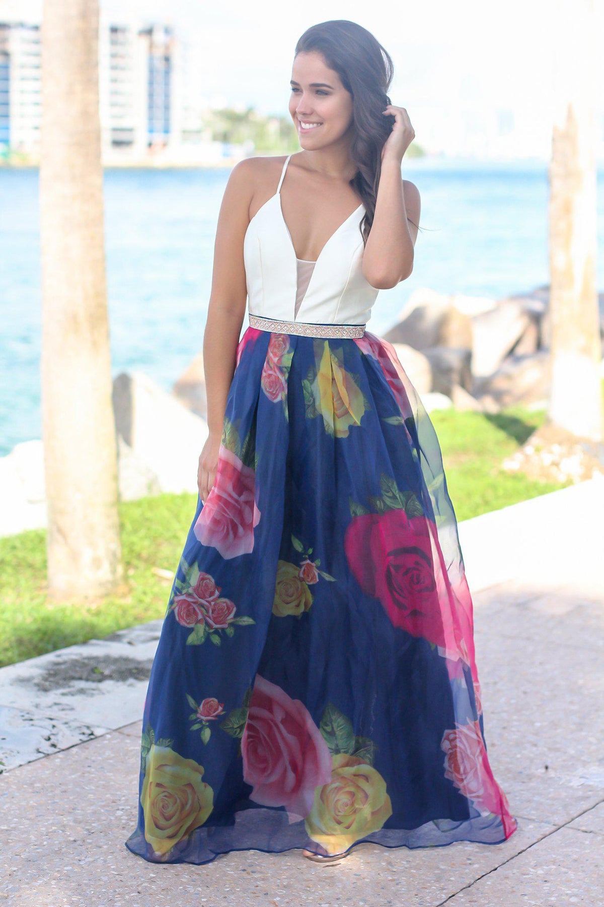 Ivory and Navy Floral Maxi Dress with Criss Cross Back | Maxi Dresses ...