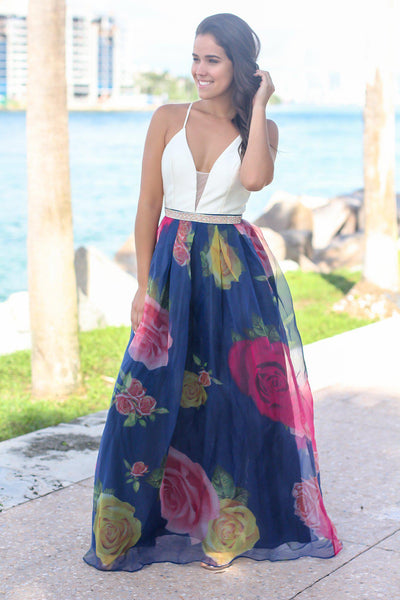 White and Blue Floral Maxi Dress with Criss Cross Back