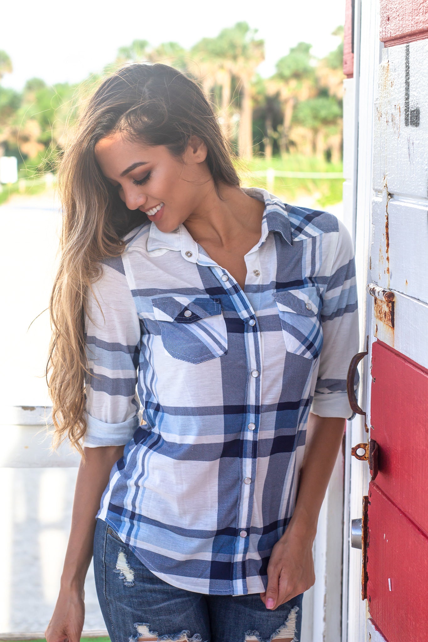 White and Blue Plaid Top