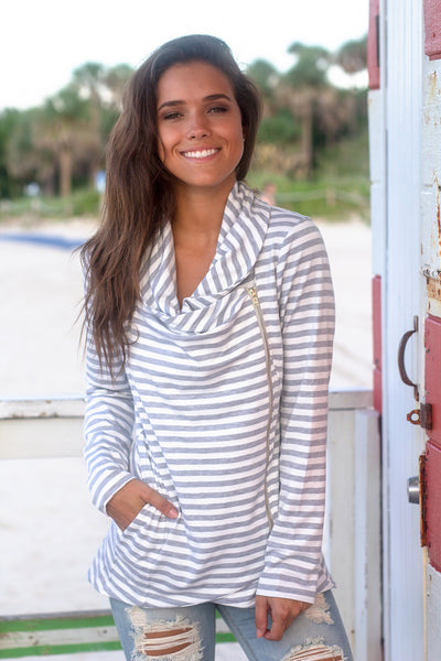 White and Gray Striped Asymmetrical Jacket with Zipper