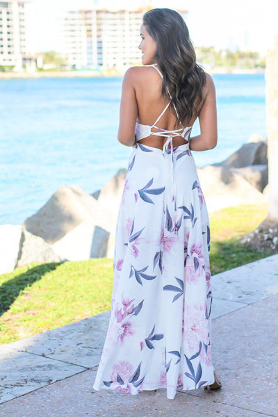 White and Mauve Floral High Low Dress