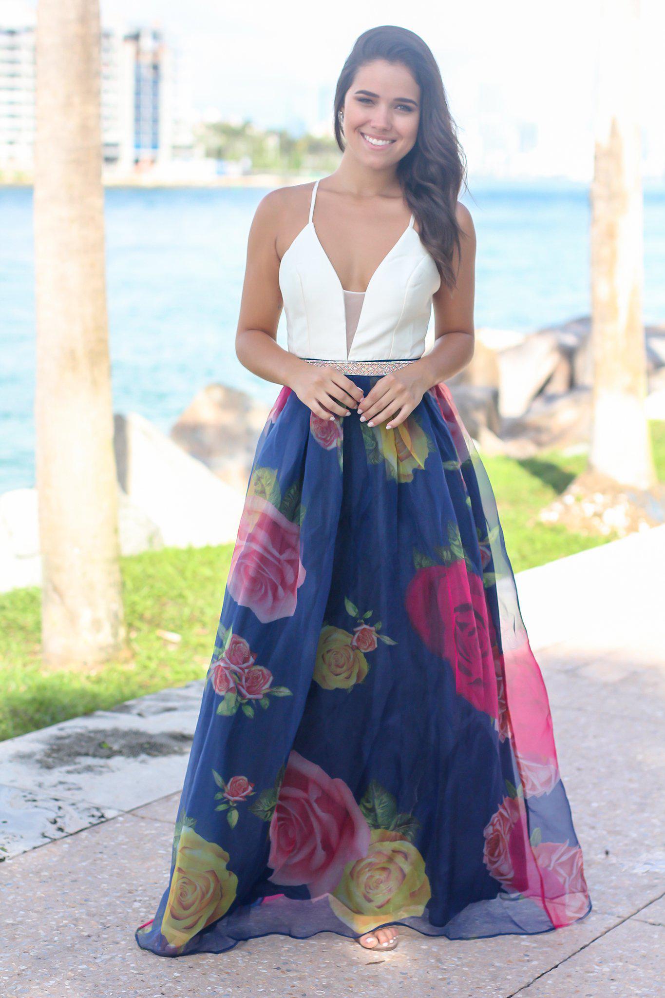 White and Navy Floral Maxi Dress with Criss Cross Back