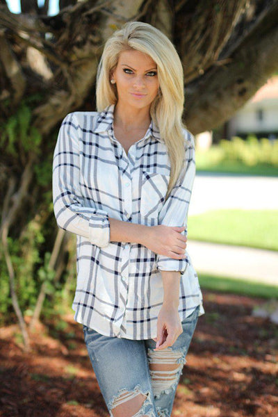 White and Navy Plaid Shirt