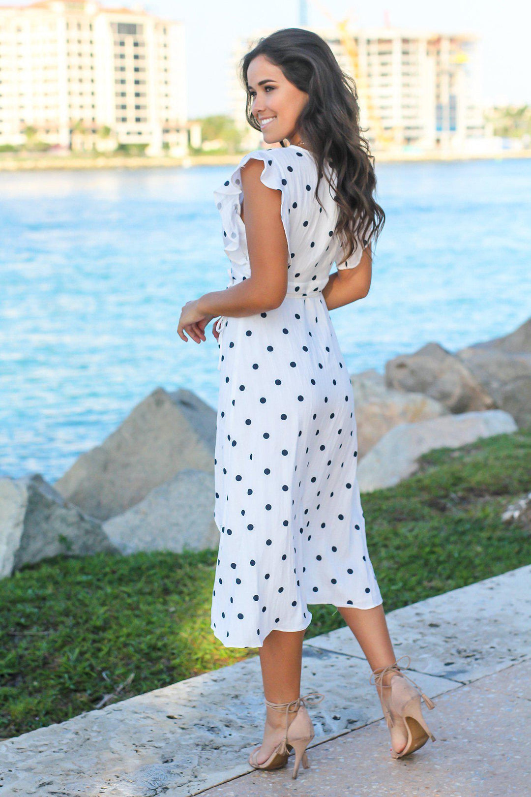 navy blue polka dot wrap dress White and Navy Polka Dot Wrap Dress