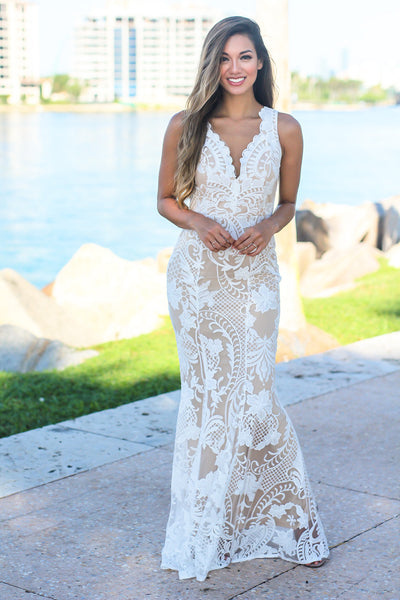 White and Nude Embroidered Maxi Dress