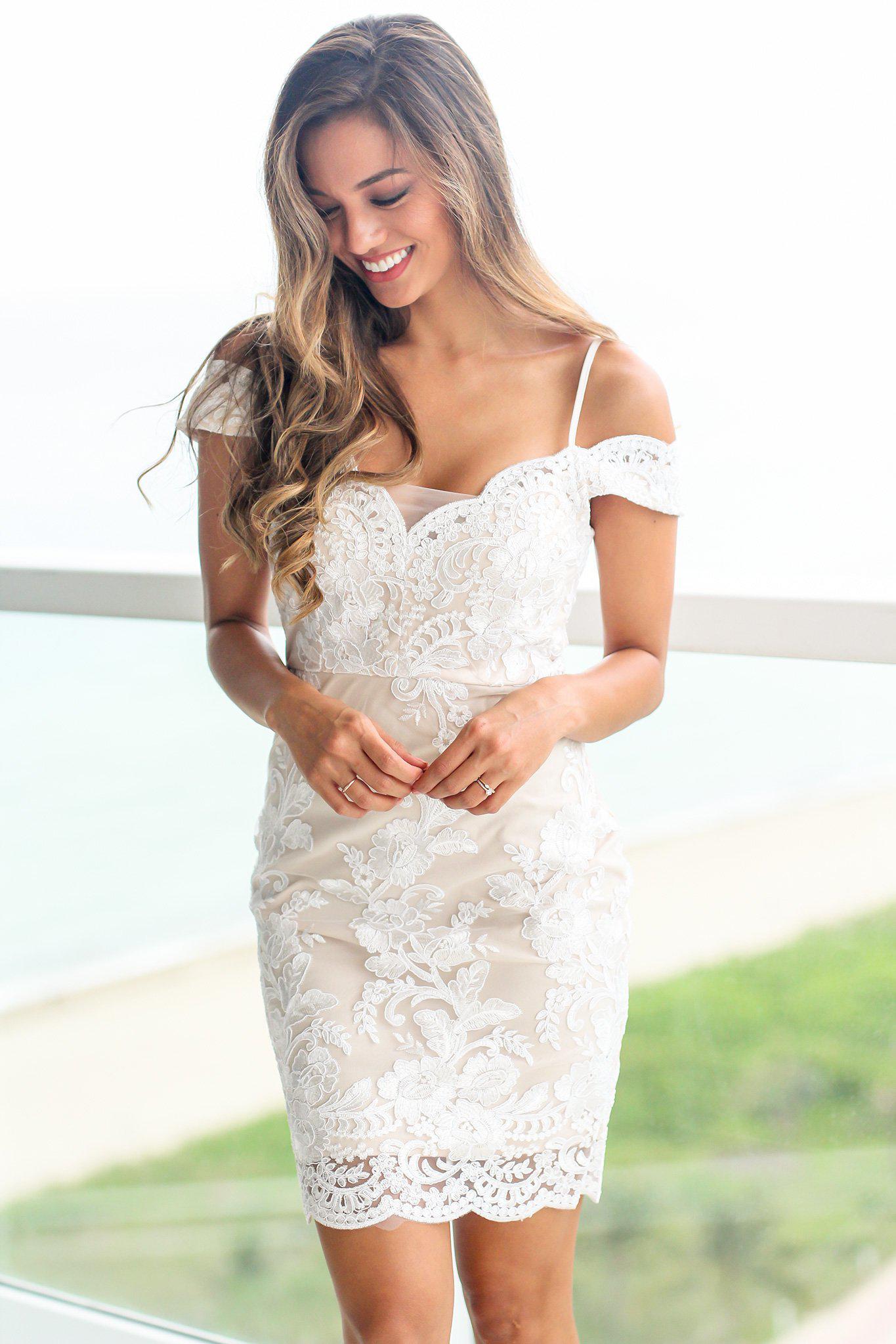 White and Nude Off Shoulder Embroidered Short Dress