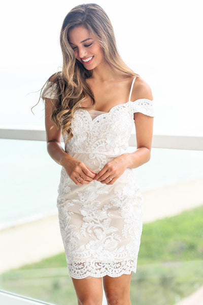 White and Nude Off Shoulder Embroidered Short Dress
