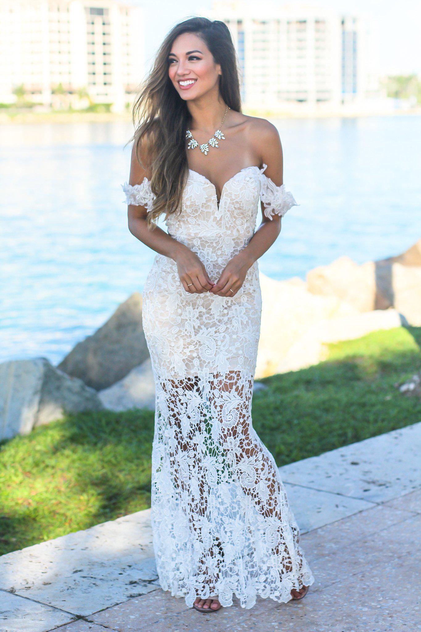 White and Nude Off Shoulder Maxi Dress