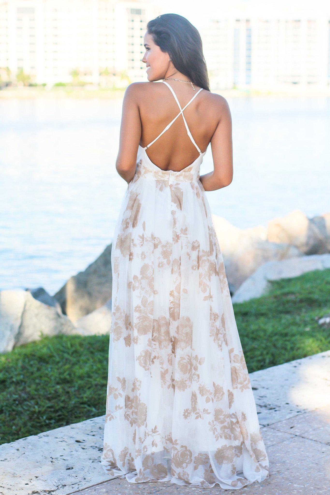 White and Nude Printed Tulle Maxi Dress with Criss Cross Back