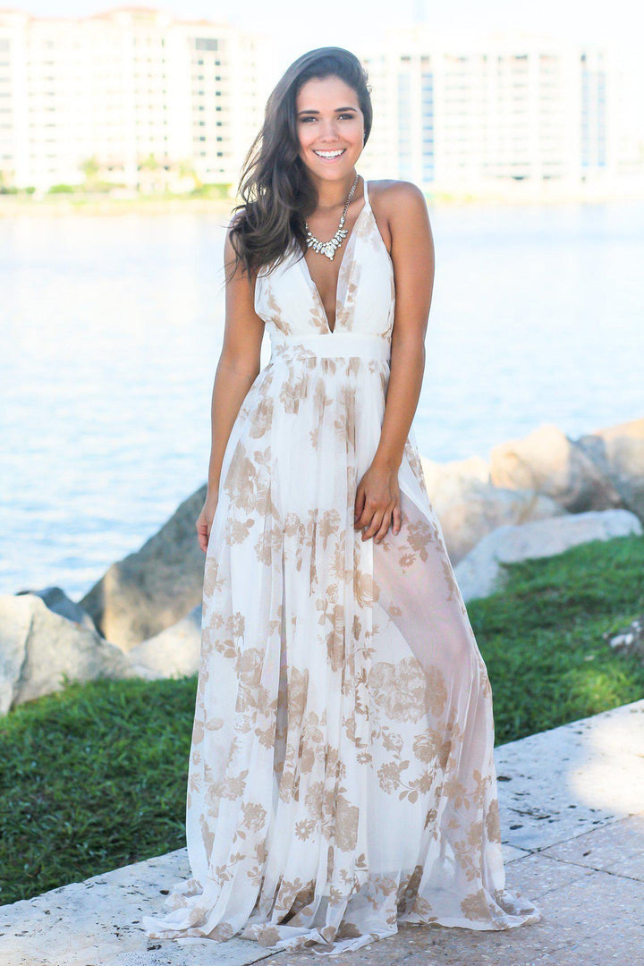 White and Nude Printed Tulle Maxi Dress with Criss Cross Back Maxi Dresses Saved by the Dress