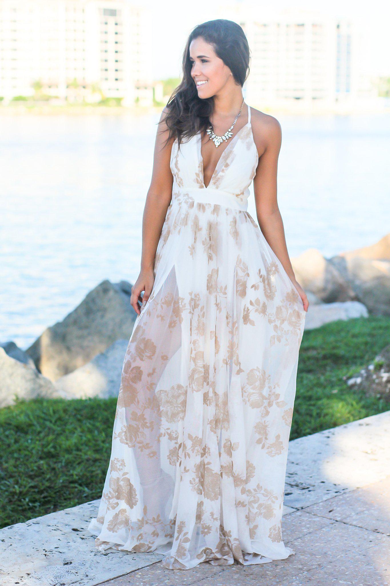White and Nude Printed Tulle Maxi Dress with Criss Cross Back