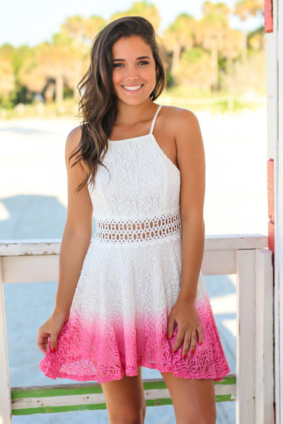 White and Pink Dip Dye Short Dress