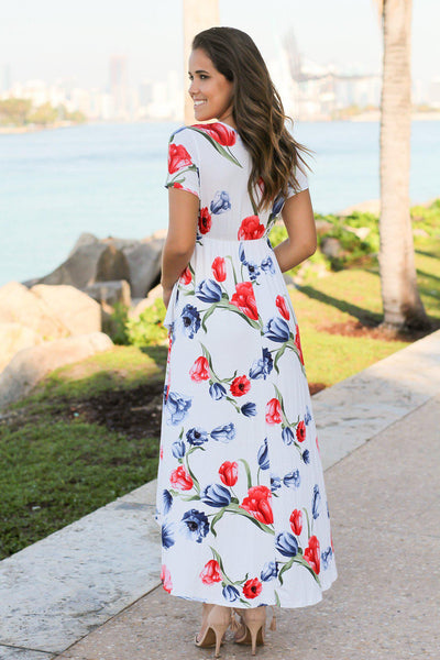 White and Red Floral High Low Dress