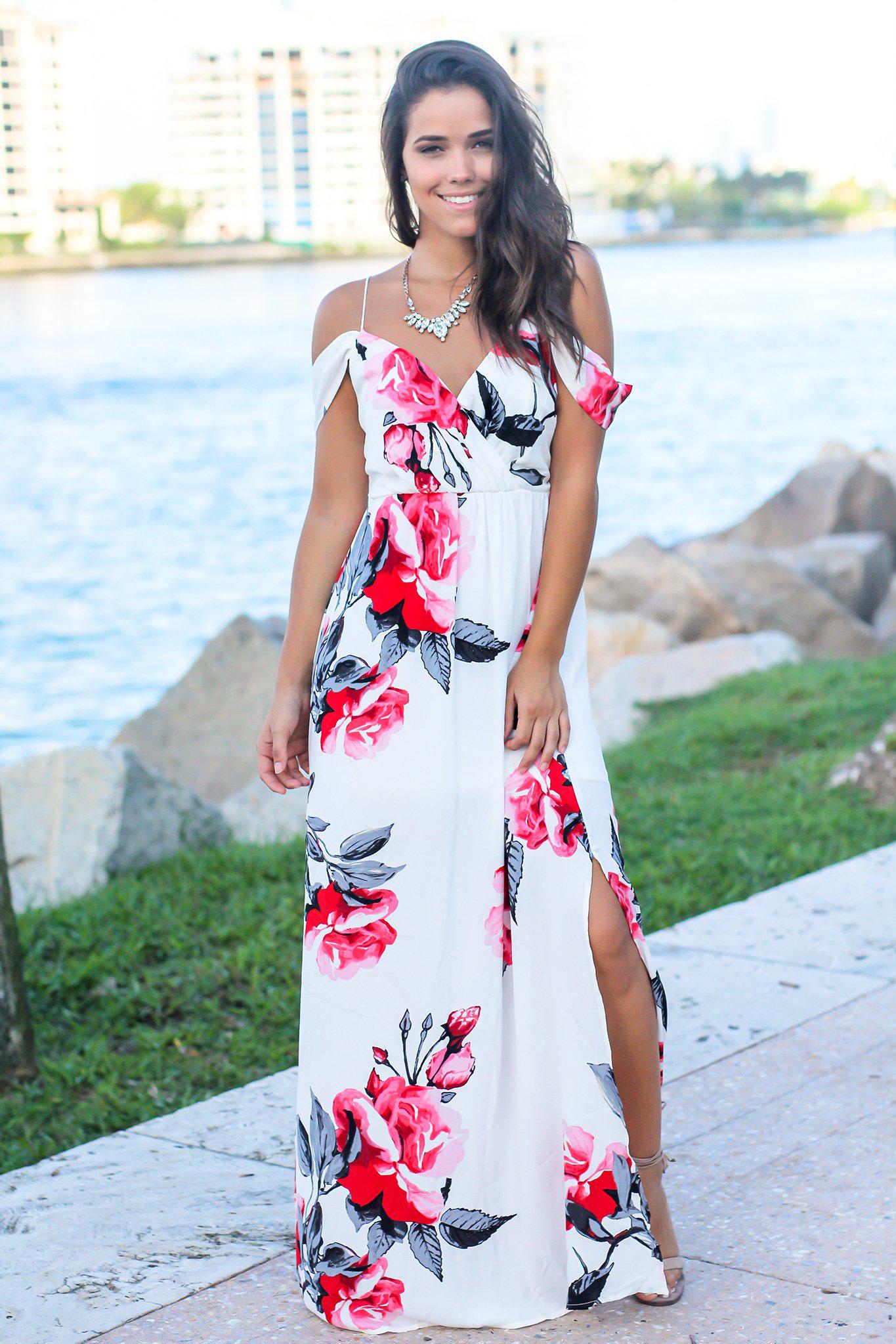 White and Red Floral Maxi Dress