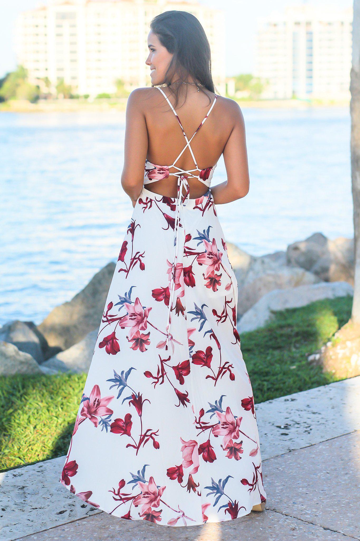 White and Wine V-Neck Floral High Low Dress