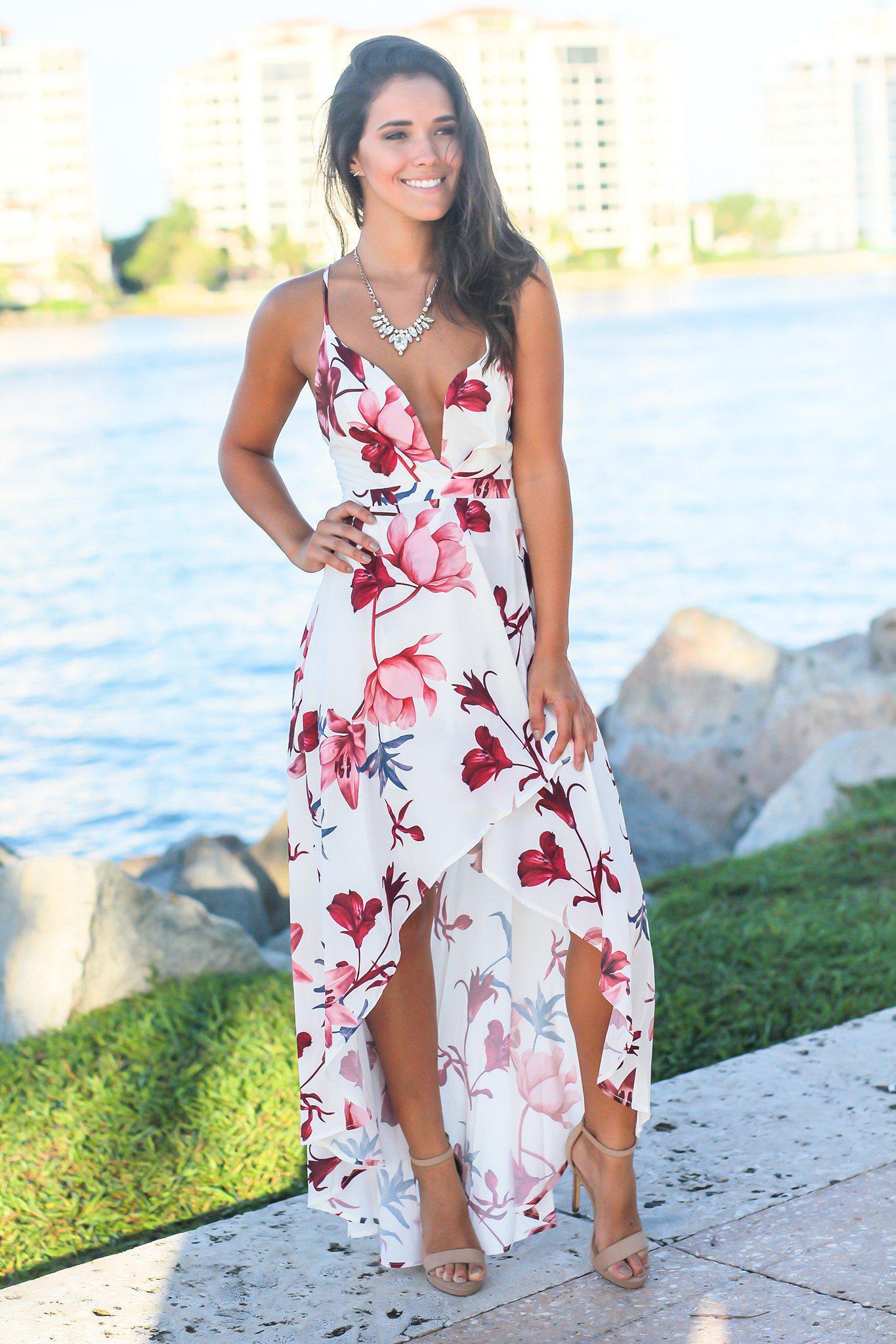 White and Wine V-Neck Floral High Low Dress