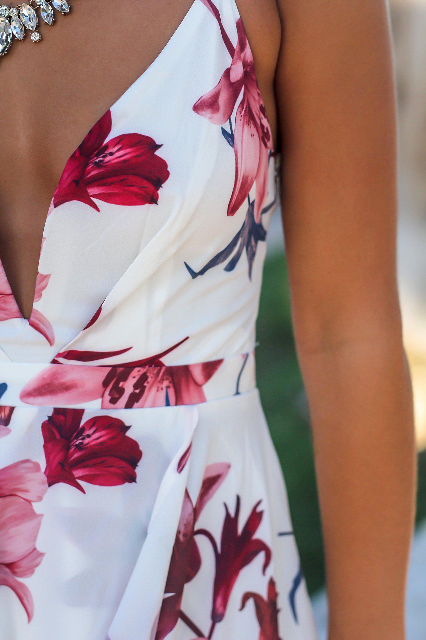 White and Wine V-Neck Floral High Low Dress