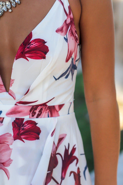 White and Wine V-Neck Floral High Low Dress