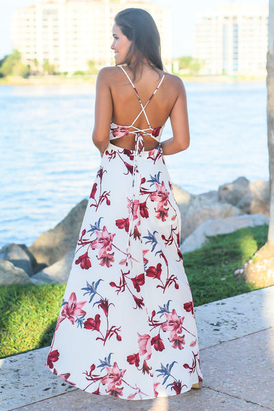 White and Wine V-Neck Floral High Low Dress