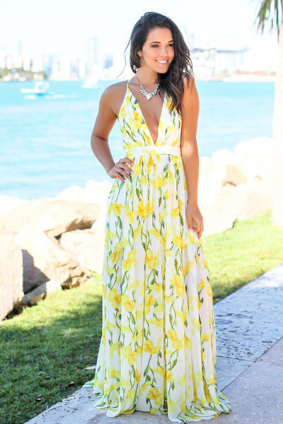 White and Yellow Floral Maxi Dress with Criss Cross Back