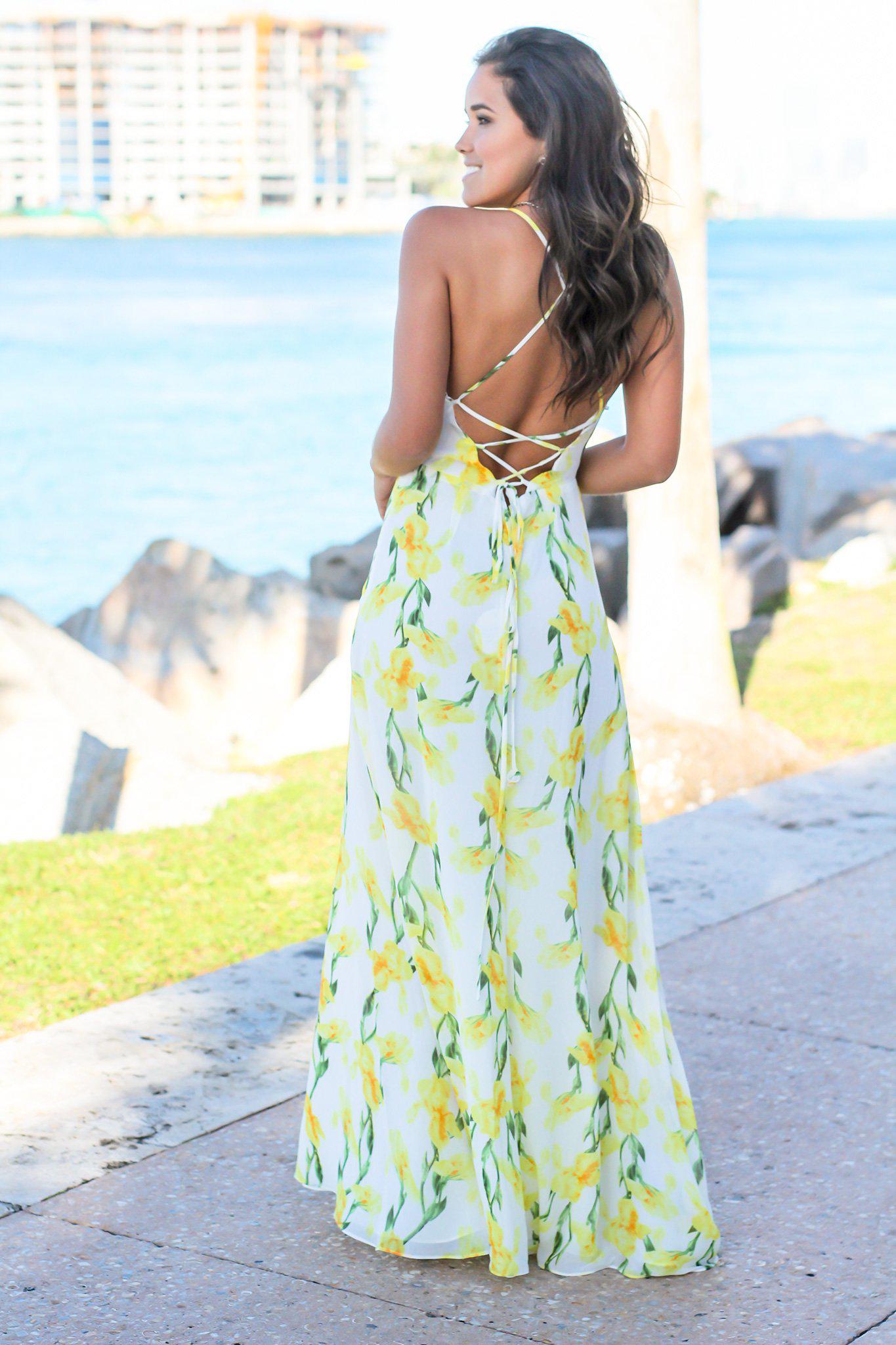 White and Yellow Floral Maxi Dress with Lace Up Back