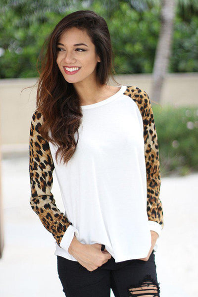 White Top with Animal Print Sleeves