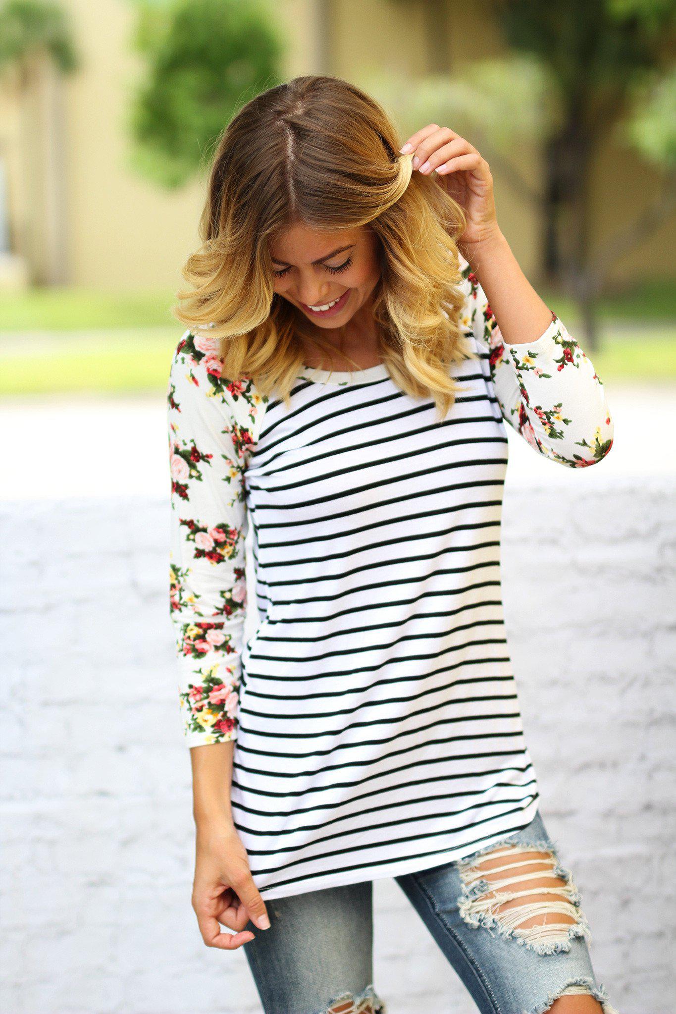 White Striped top with Floral Sleeves